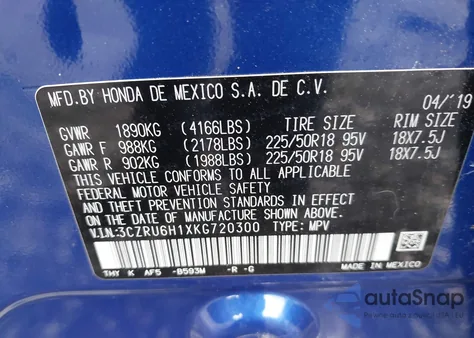 2019 Honda Hr-V Sport z USA, uszkodzony, nr VIN 3CZRU6H1XKG720300